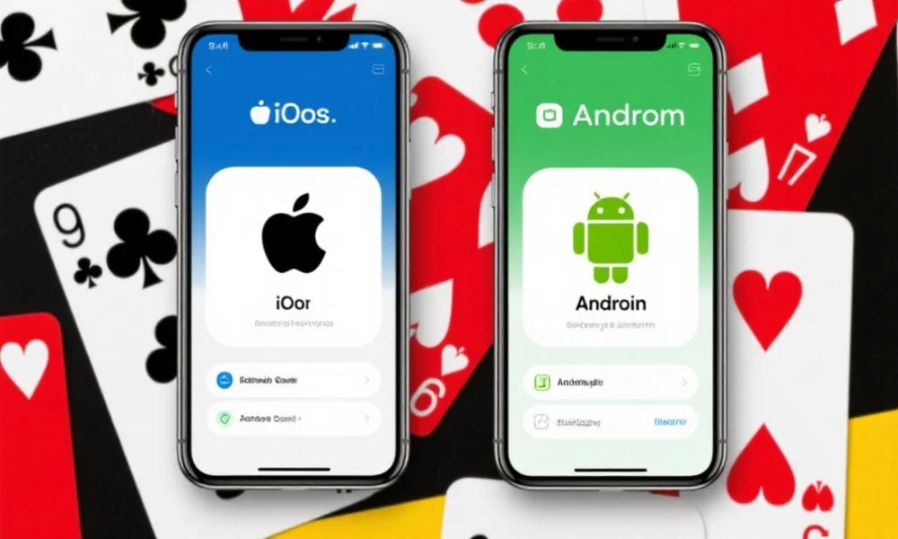 两部智能手机并排放置，分别显示iOS和Android系统的应用安装界面，背景为扑克元素装饰